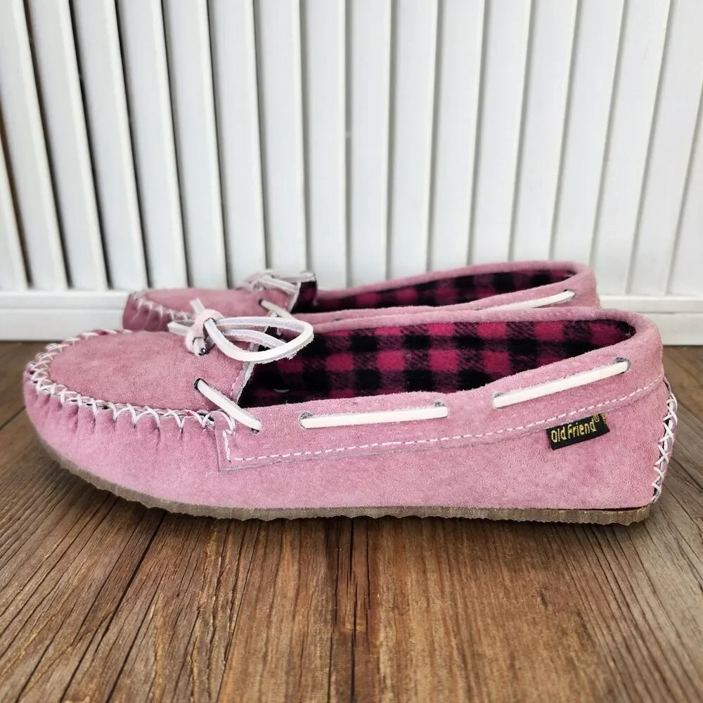 Old Friend Buckeye Moccasin Slippers Child Sz 2 Pink Fleece Lined Comfort Shoes